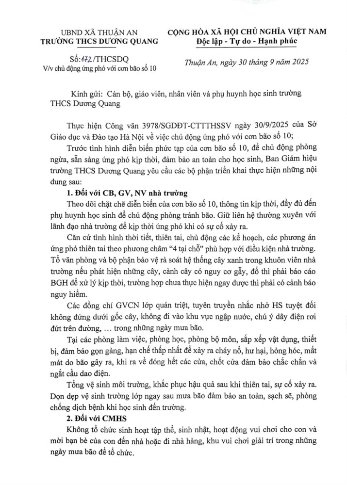 THCS Dương Quang chủ động ứng phó với cơn bão số 10